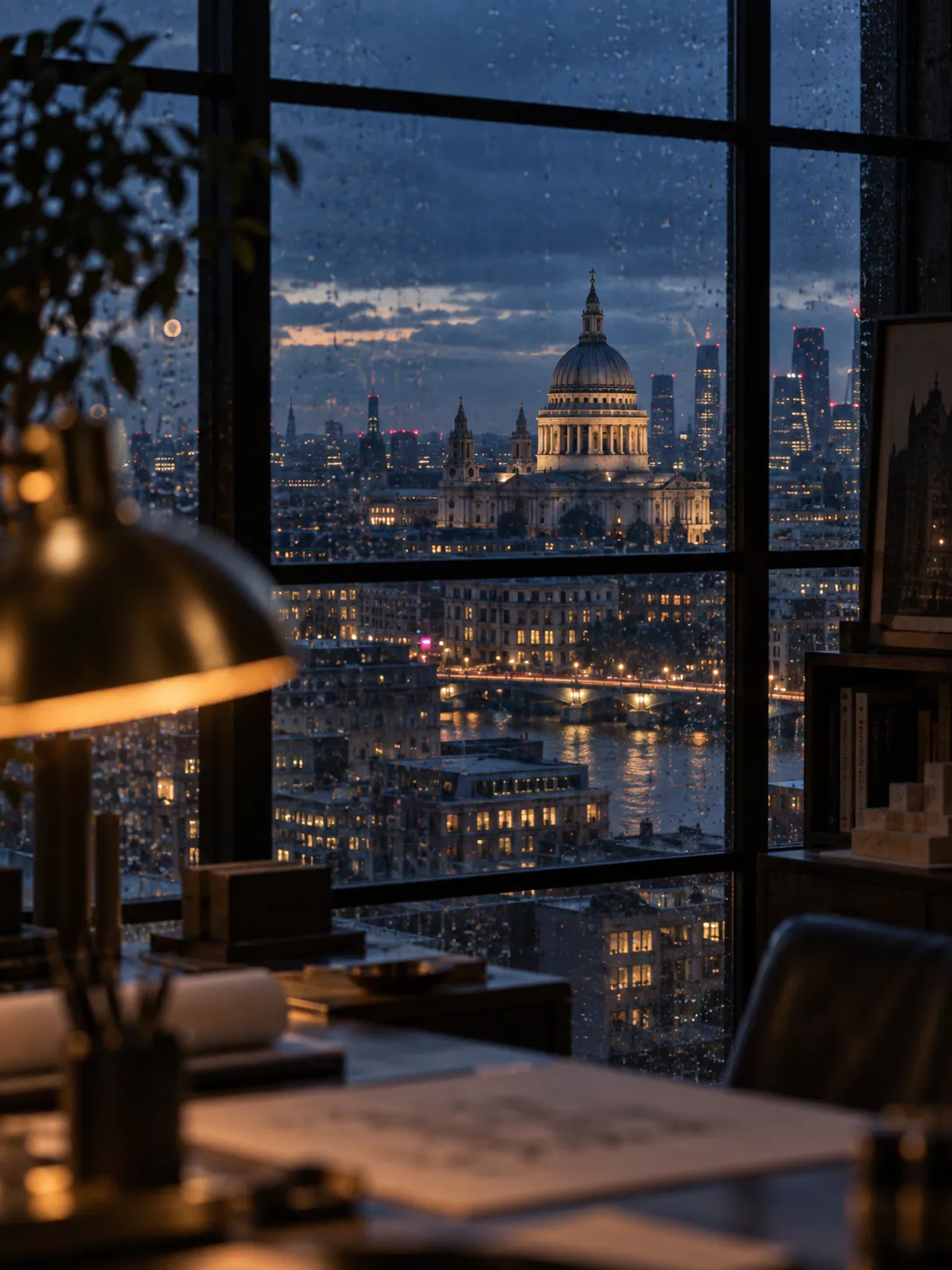 London at dusk — St Paul’s Cathedral and the Thames through a rain-flecked window