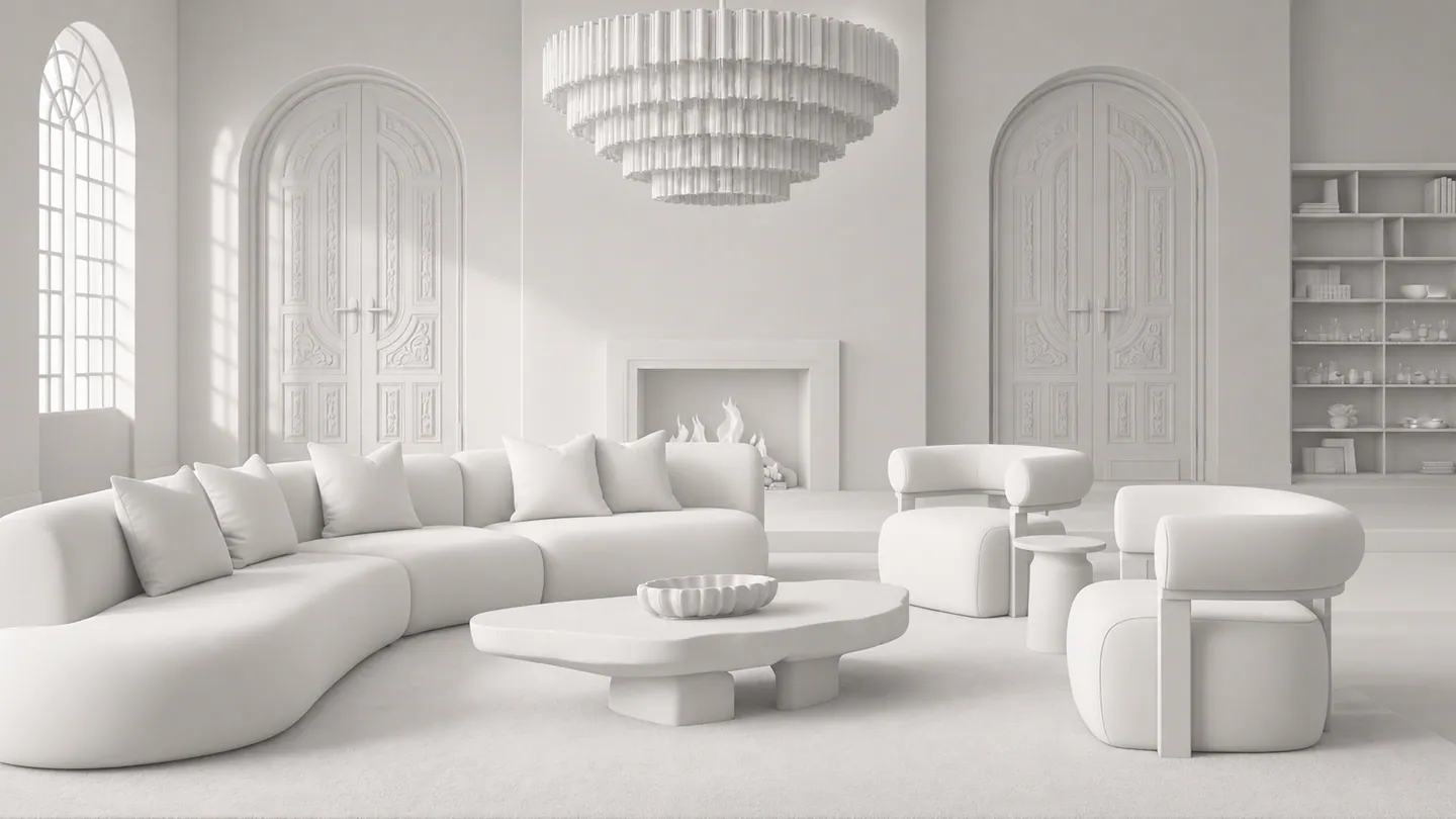 Form: the same room as an untextured white model, showing volume and shadow.