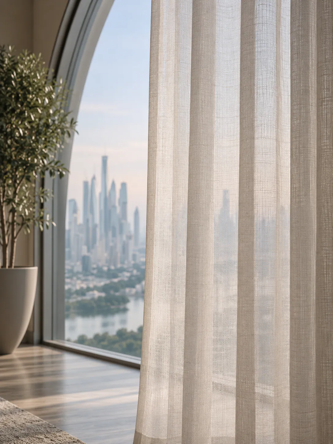 A sheer linen curtain glowing in soft morning haze beside a tall window