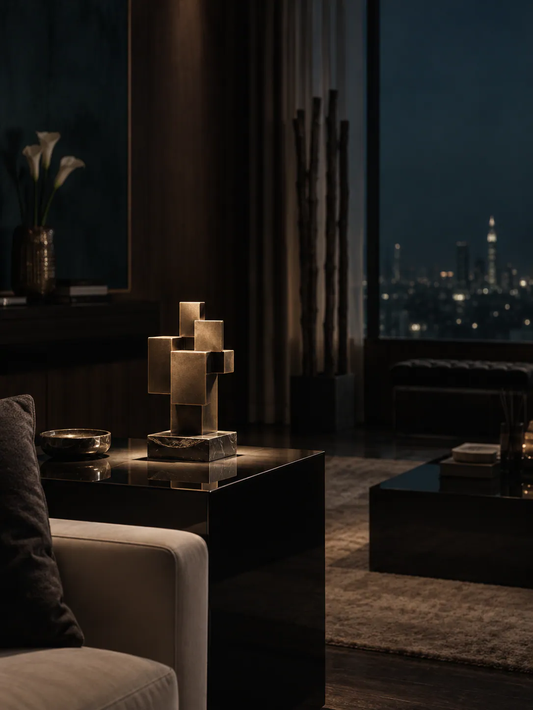 A small sculpture on a lacquered side table, lit by a single narrow spotlight at night