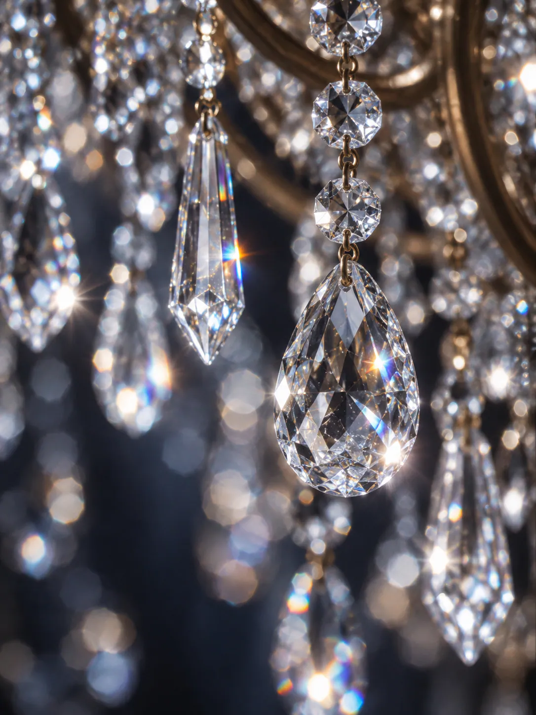 Crystal chandelier drops catching the light in small spectral glints